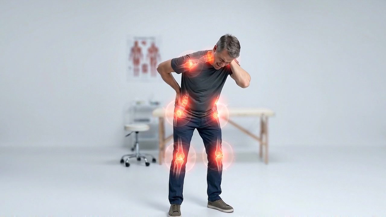 Standing man holding shoulder with glowing elbow knee and ankle joints