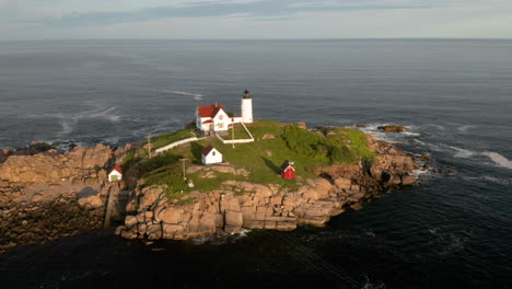 Close-up-Aerial-Footage-of-Nubble-Headlight-in-Cape-Neddick,-Maine