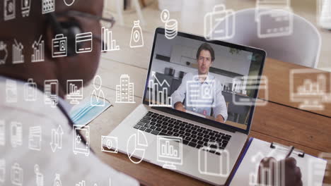 animación de iconos de negocios sobre hombre de negocios afroamericano usando portátil para llamada de video