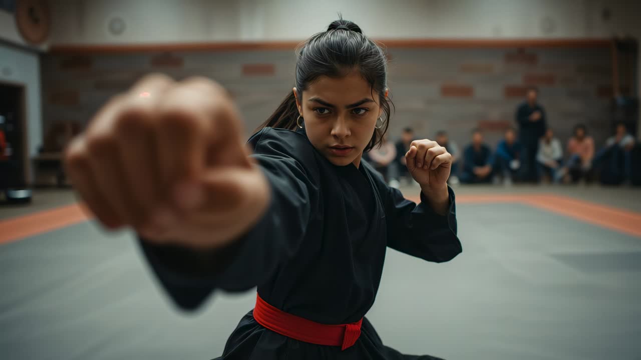 Match starting woman fighter in black gi punching, pulling into guard on mat, red belt, spectators