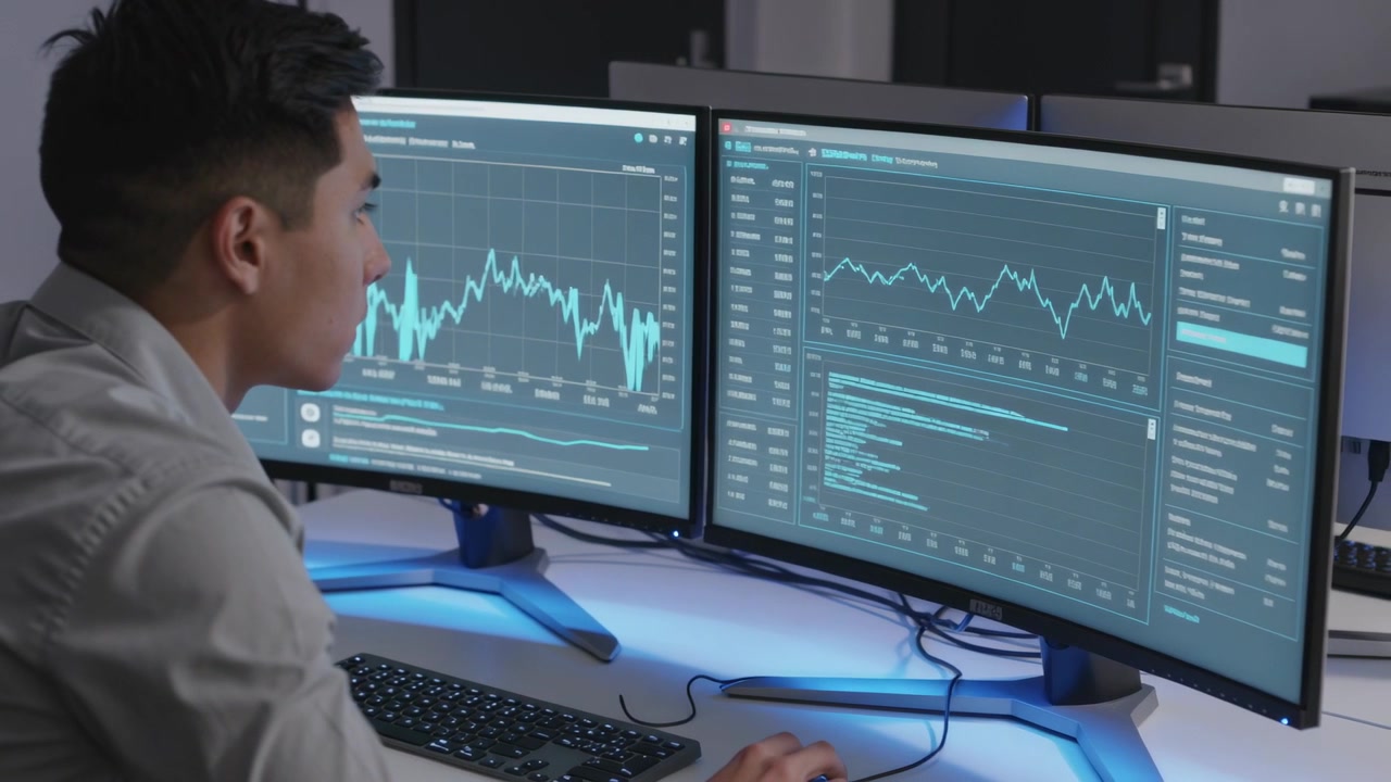 Reacting to chart swings, analyst in light shirt moving mouse at office, dual monitors, copy space