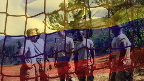 animation of flag of columbia over diverse male soldiers during training