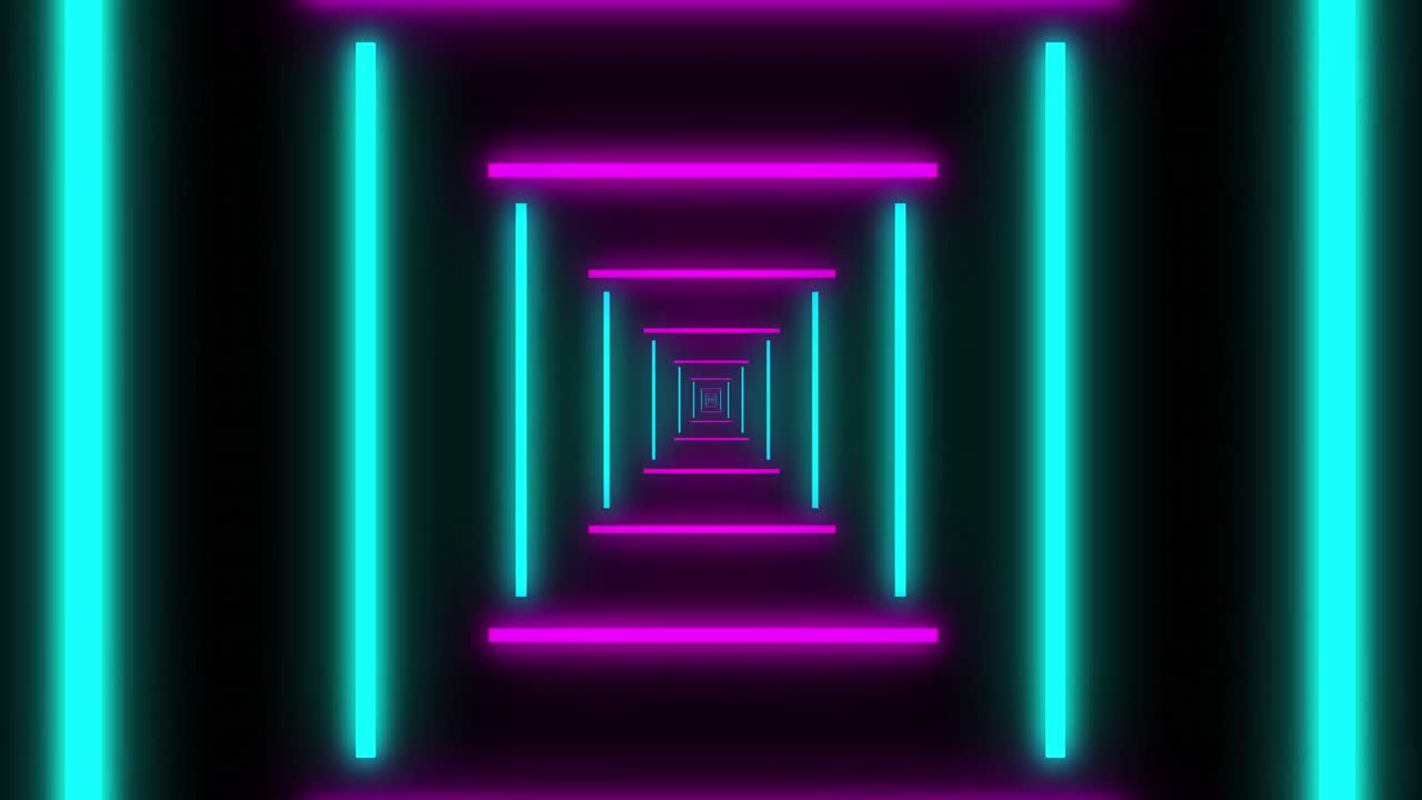 Animaatio violetista ja sinisestä neonkuviosta liikkuen hypnoottisesti saumattomassa silmukassa.