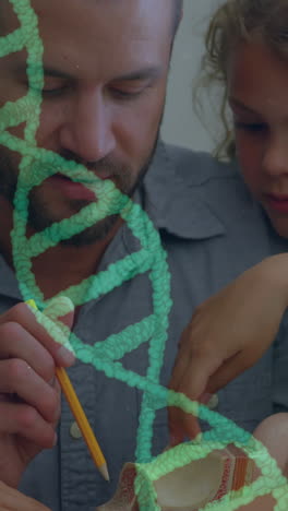 animación de una cadena de adn girando sobre alumnos felices y diversos con el maestro