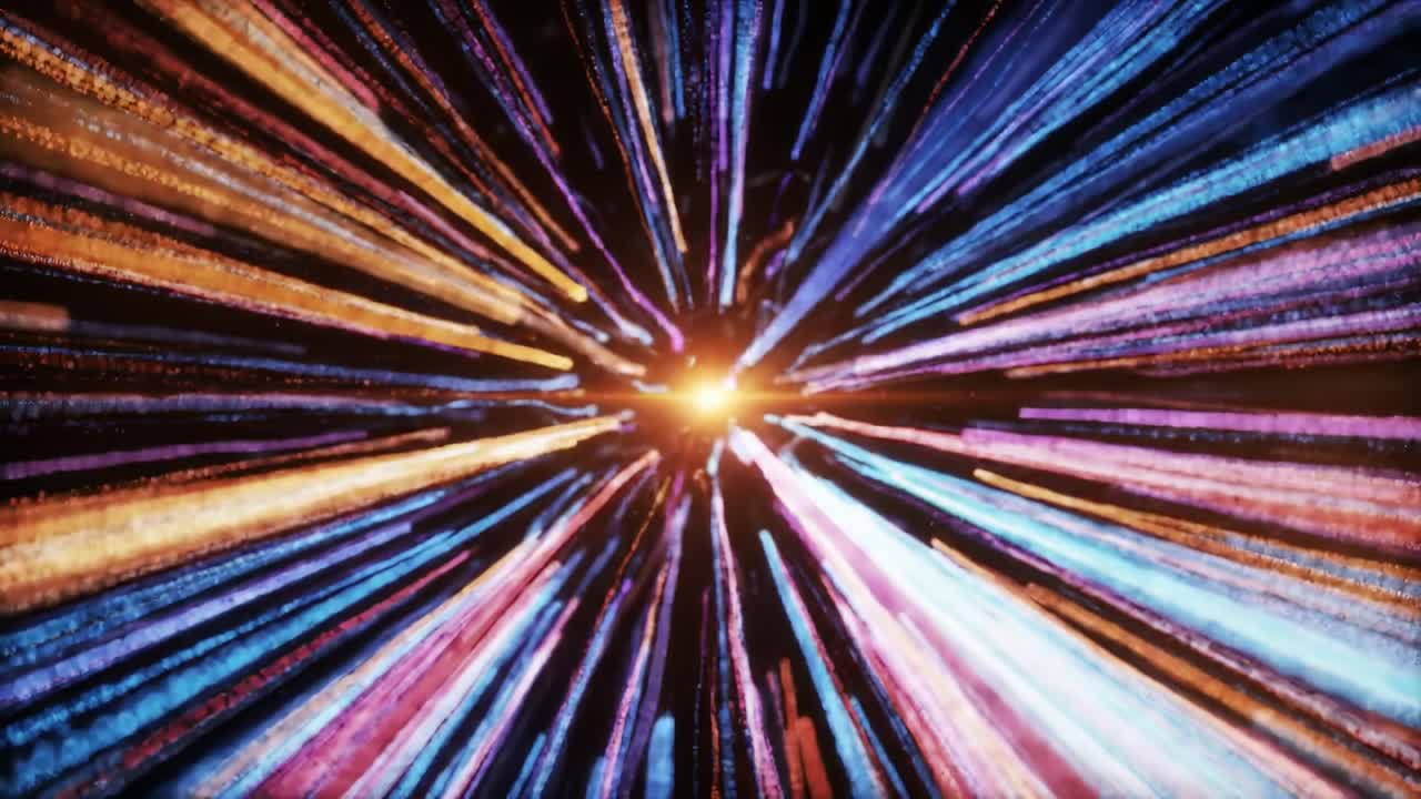 Colorful light beams surge outward from a central point, creating an illusion of rapid movement through a cosmic landscape. This captivating visual captures the essence of speed and energy in space.