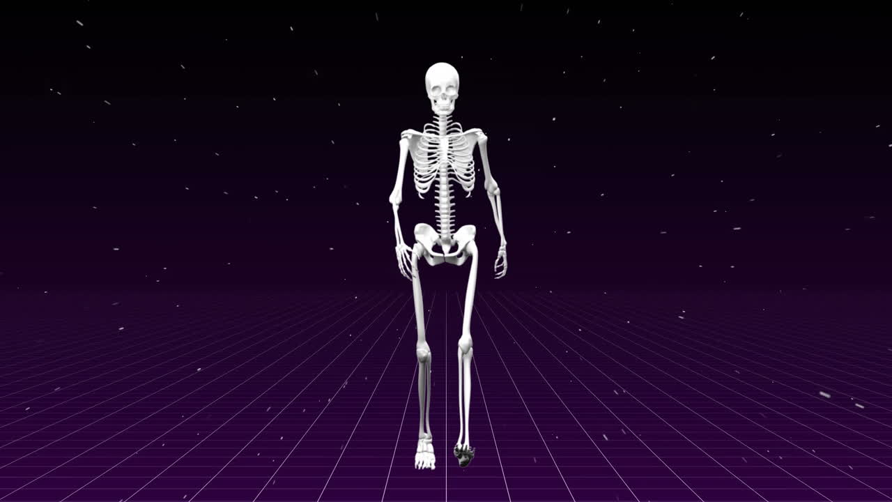 esqueleto humano caminando en el fondo púrpura