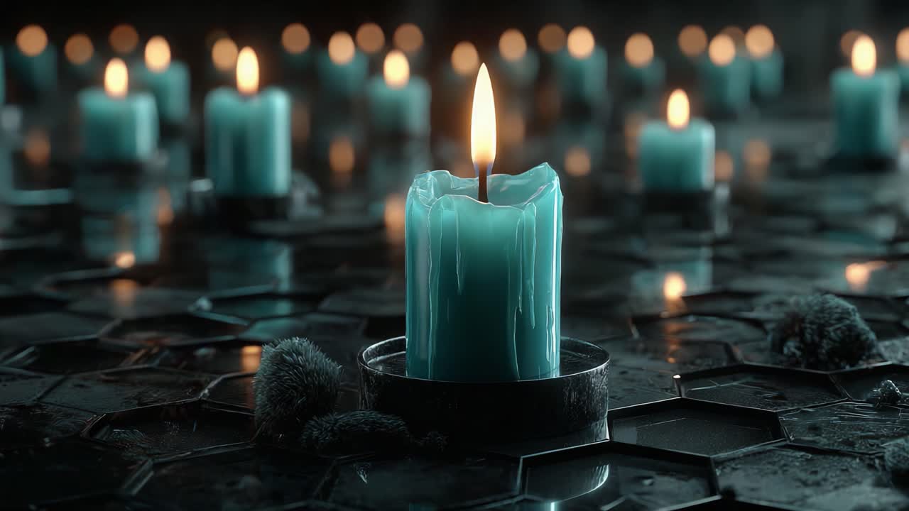 Un'eterea esposizione di candele color ottanio illuminanti che proiettano una calda luce su una superficie riflettente, migliorando l'atmosfera con la loro serena presenza in un ambiente oscurato
