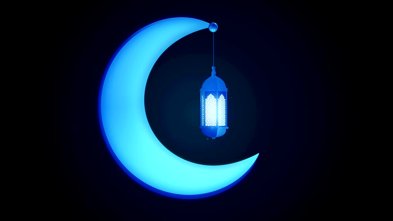 linterna de celebración brillante colgando en la luna en fondo oscuro. ramadán kareem fondo de movimiento islámico. animación en bucle 3d.