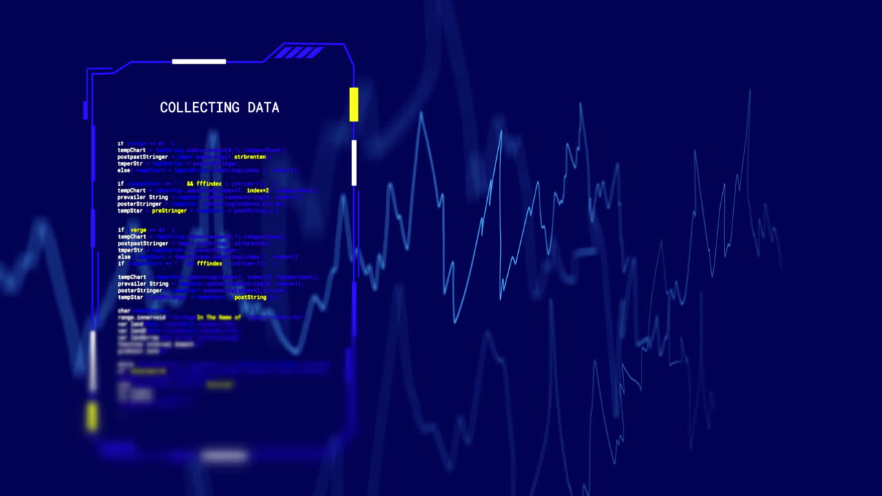 Animation of interface screen collecting data over blue graph processing, on blue background