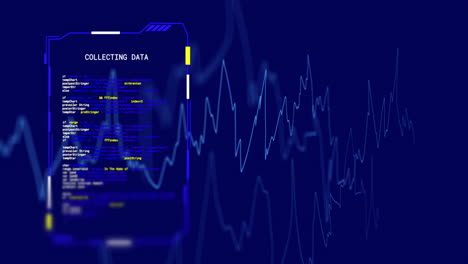 animation of interface screen collecting data over blue graph processing, on blue background