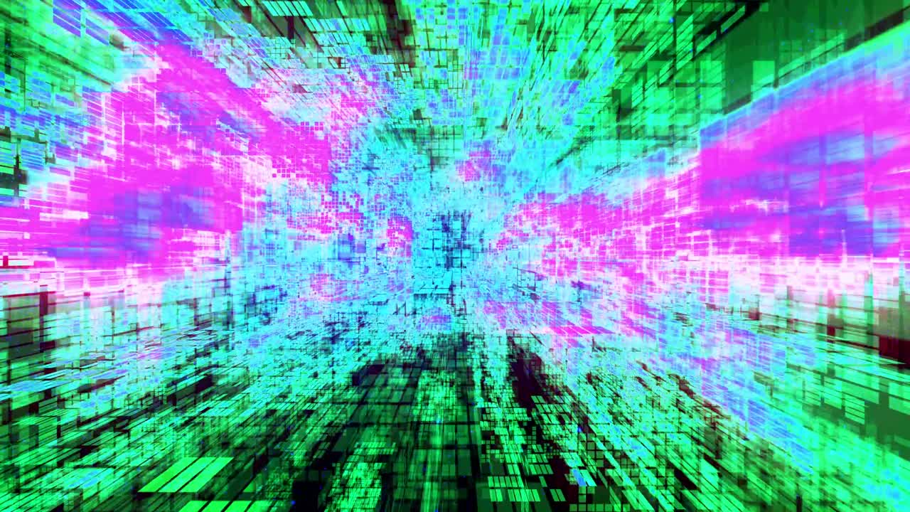 Trippy Abstract  Pink Green and Blue Pixelated Digital Glitch Art VJ Loop with Transforming Cubes in Endless 3D space