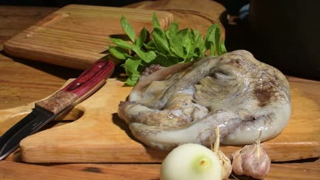 explore the culinary artistry of fresh octopus being prepared in a bustling restaurant kitchen. close details highlight the vibrant ingredients and expert techniques for an enticing presentation