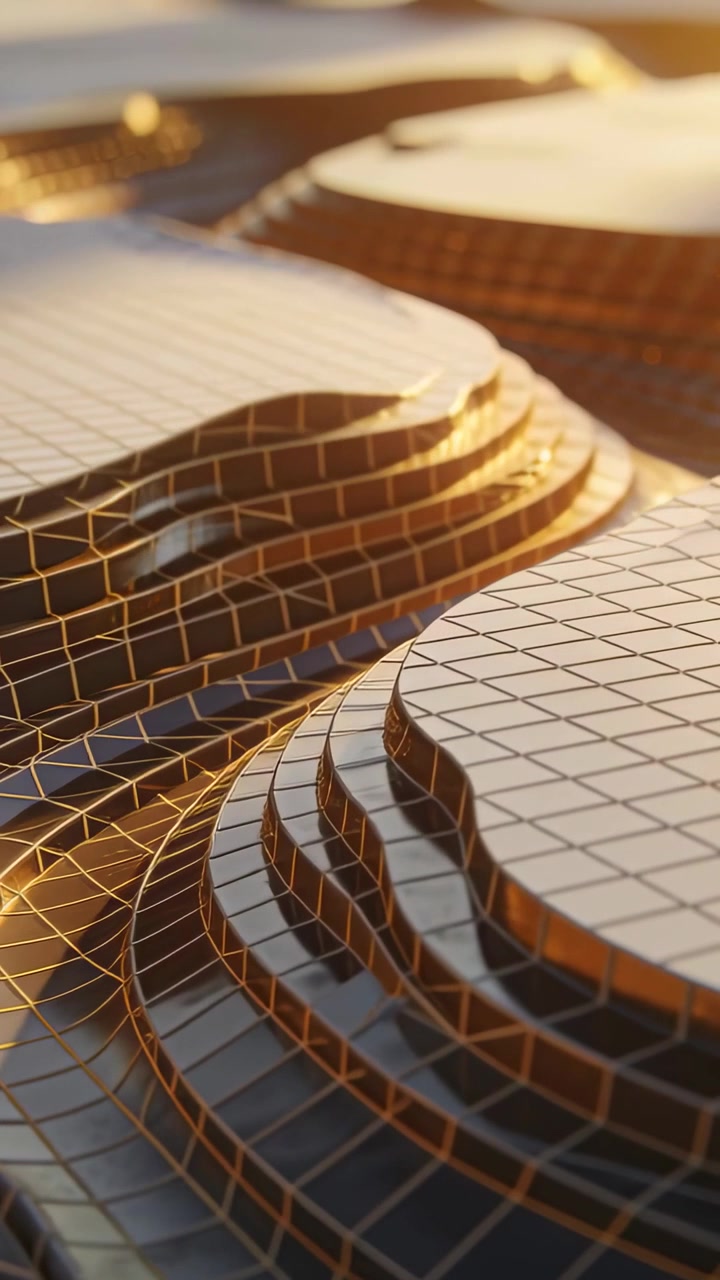 Vertical video: Gliding camera revealing stepped tiers with grid in studio to show gold sheen