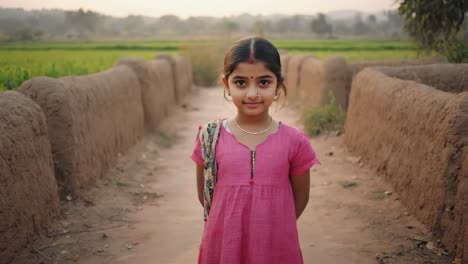 young indian girl standing on a rural path between mud walls in a countryside setting, wearing traditional clothing and a bindi on her forehead, representing cultural identity and rural life