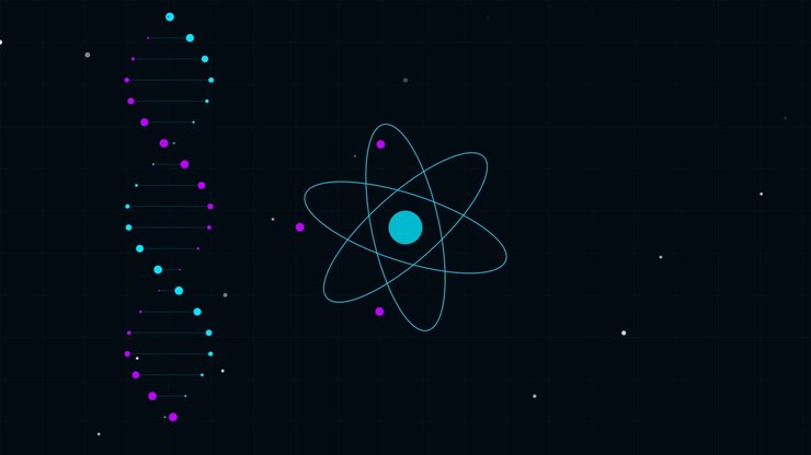 Animated DNA Helix and Atom Model on Dark Background