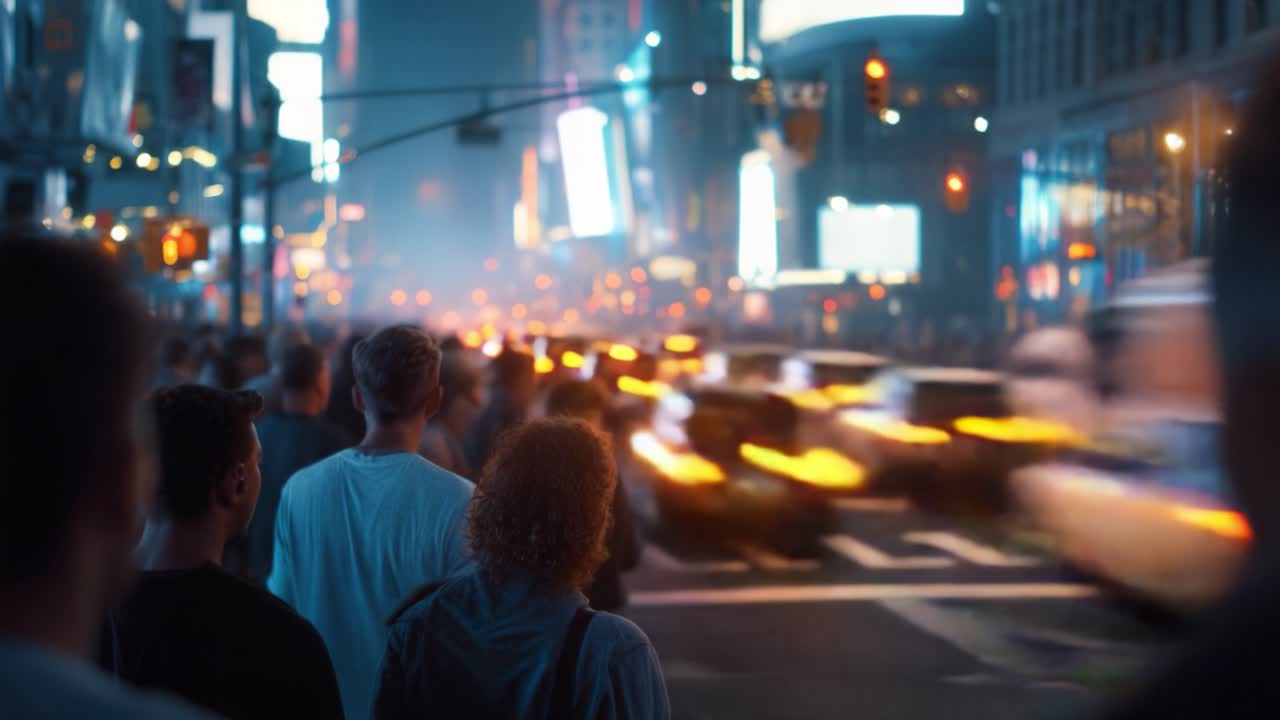Crowded Urban Scene at Night Highlighting Traffic and Pedestrians in a Vibrant City with Blurry Lights and Movement Creating a Dynamic Atmosphere