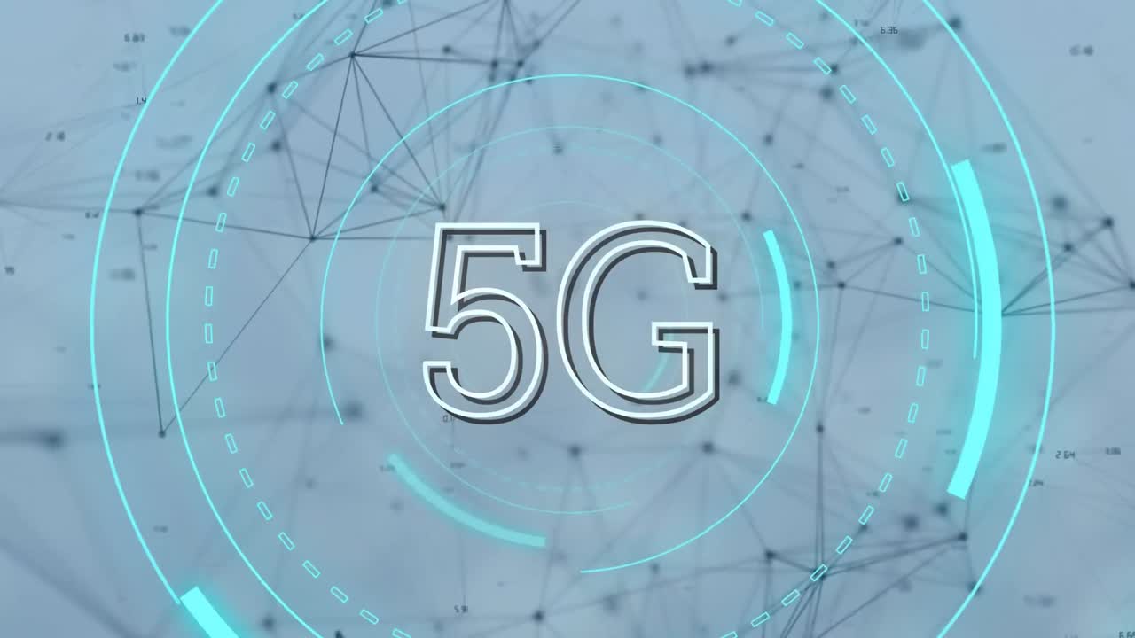 5g escrito en el medio de unos círculos futuristas y líneas asimétricas