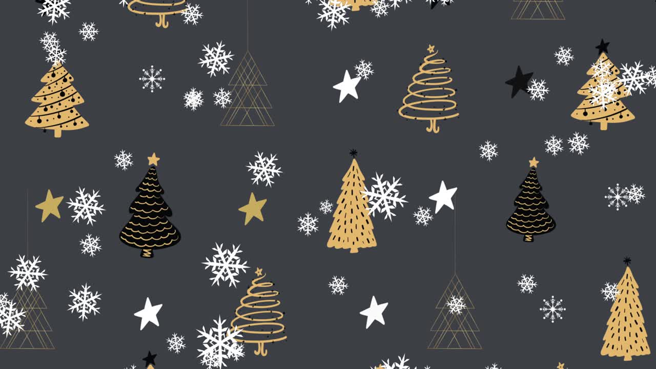 animación de árboles de navidad y copos de nieve cayendo sobre un fondo gris