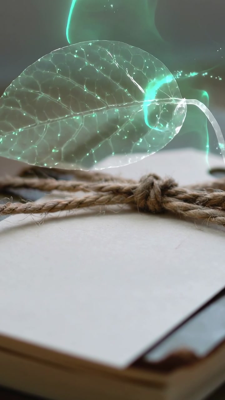Vertical video: Appearing, drifting glowing leaf hovering above notebook with twine, pulsing