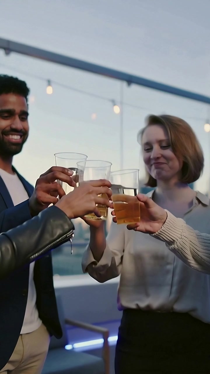 Vertical video: Entering two urging four friends in smart attire clinking cups on roof celebrating
