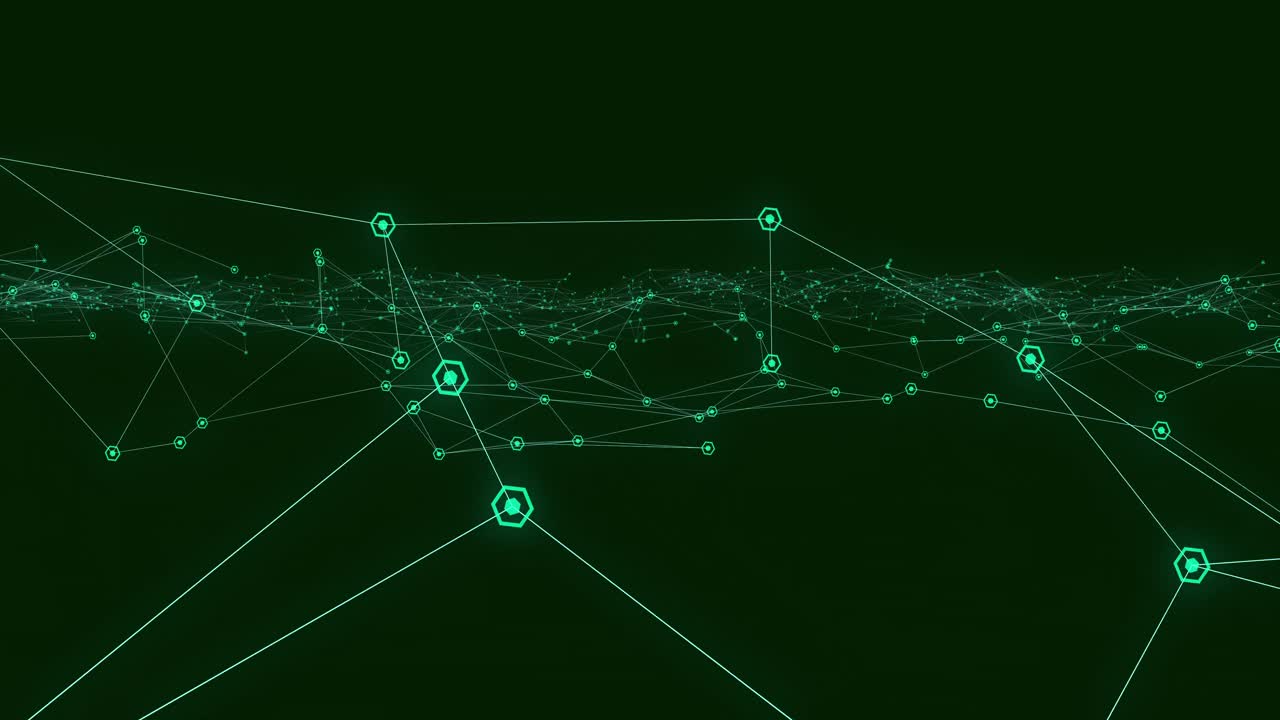 Glowing network of connections moving against black background