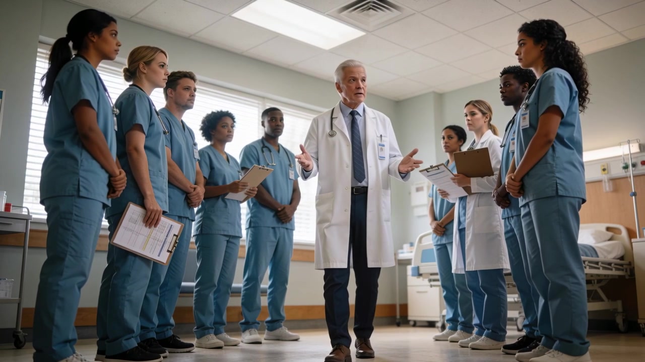 Stepping forward doctor in lab coat briefing scrub-clad staff in hospital room for handoff, charts