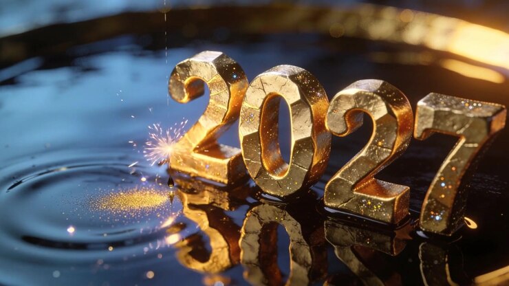 Goccia che cade colpendo i numeri dorati 2027 in una piscina da studio creando increspature, una scintilla che proietta bagliori dorati