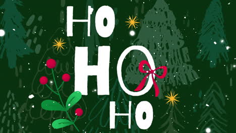 animation of snow falling and ho ho ho text over trees on green background at christmas