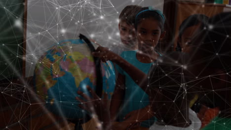 red de conexiones entre diversos estudiantes que aprenden geografía usando un globo en la escuela primaria