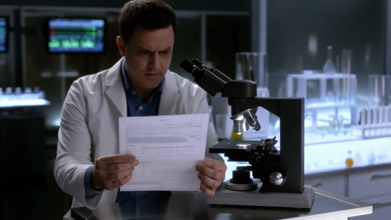 A scientist examines documents while working in a laboratory with a microscope