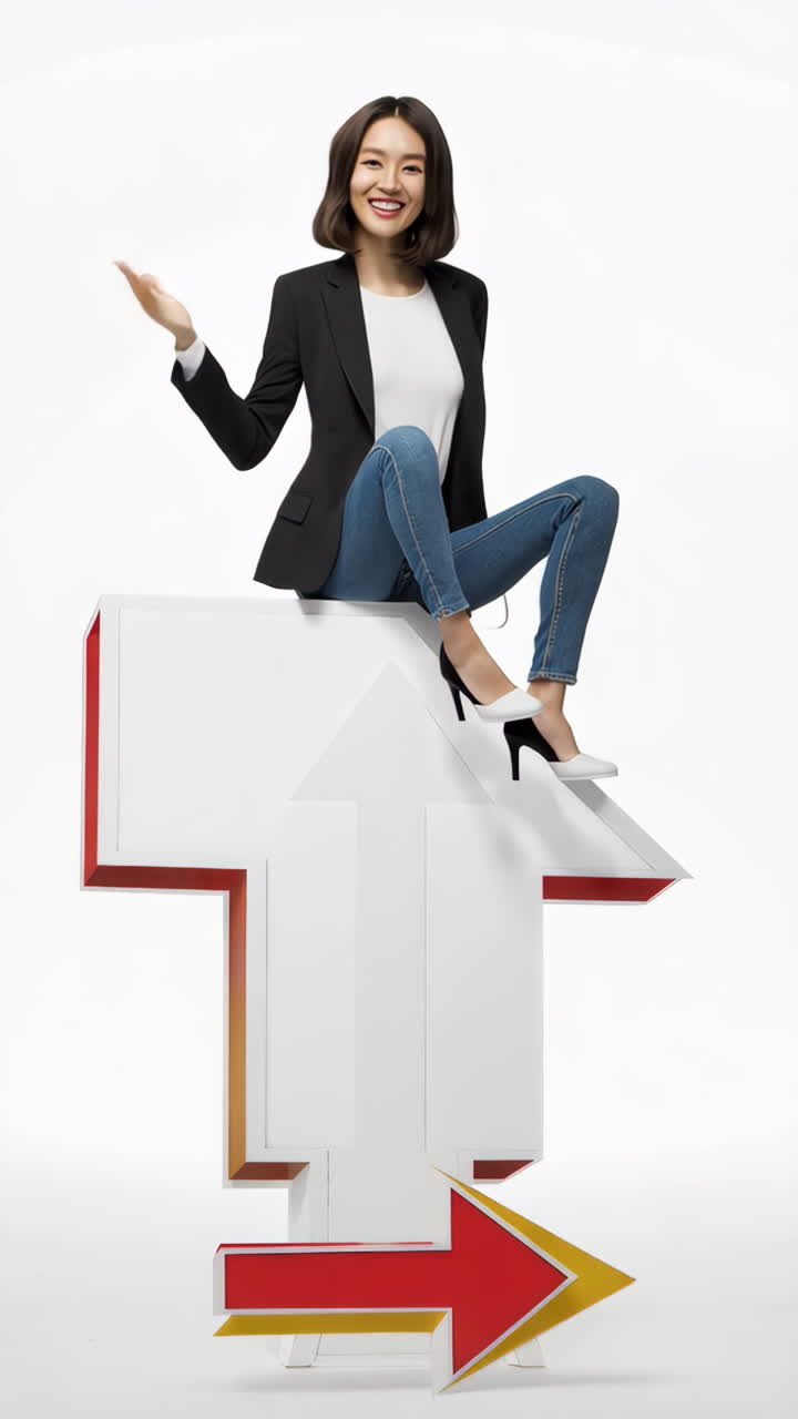 Smiling Woman on Upward Arrow Sign Representing Business Direction and Growth