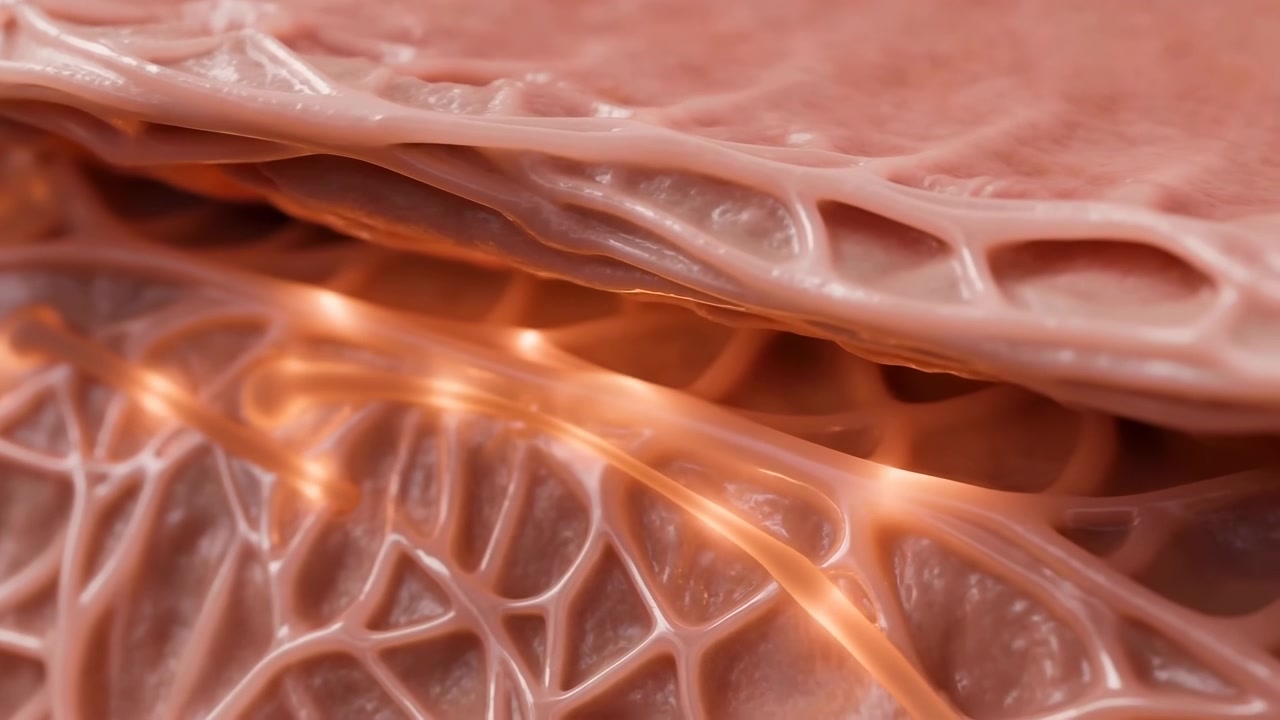 Scena macro ad angolo estremamente basso che mostra membrane traslucide che si separano gradualmente per aprire un varco pronunciato ed esporre una fitta rete filamentosa luminosa sottostante, con riflessi caldi e una profondità morbida.