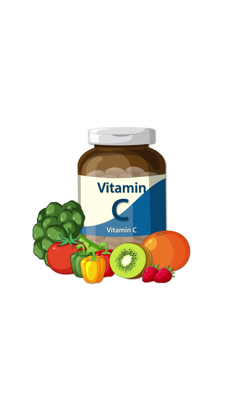L'etichetta di una bottiglia di Vitamina C si anima mentre frutti e verdure colorati appaiono su uno sfondo bianco.