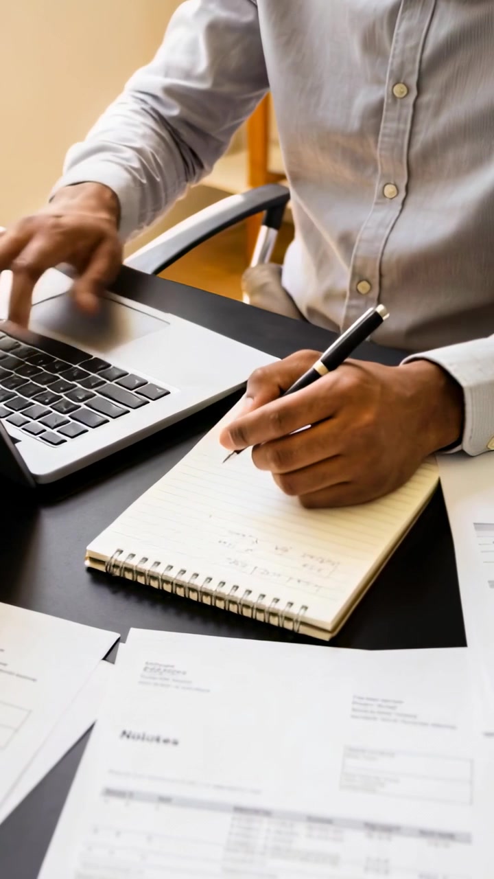 Video verticale: Controllo di documenti, lavoratore che digita e scrive alla scrivania con laptop, taccuino e penna, indossando una camicia