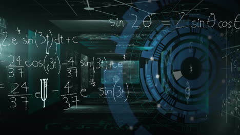 animazione di equazioni matematiche e scanner circolare su schermi di interfaccia su sfondo scuro