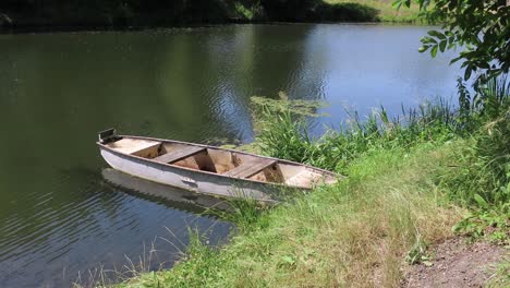 Empty-white-wooden-boat-anchored-by-a-rope-on-a-small-lake-used-for-relaxation-and-fishing