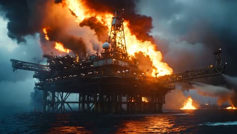 an oil rig on fire in the middle of the ocean