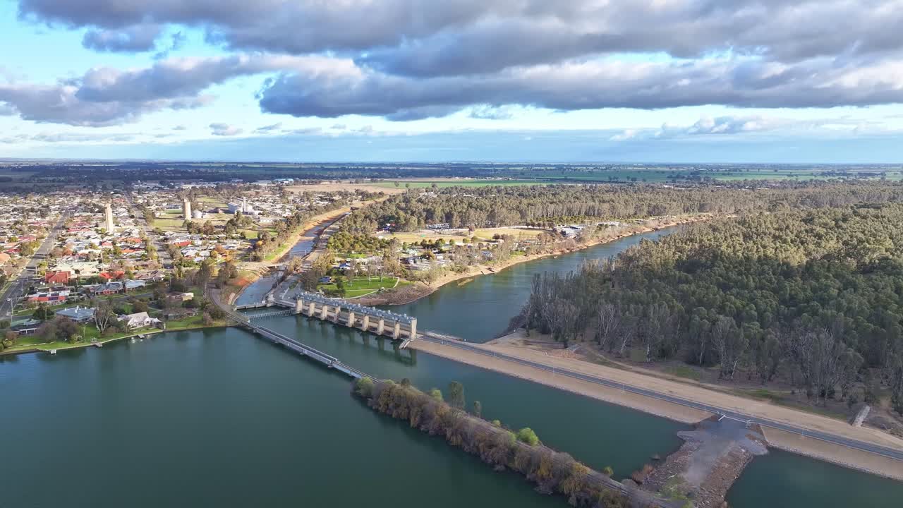 Aerial reveal of the town of Yarrawonga Victoria over the main street