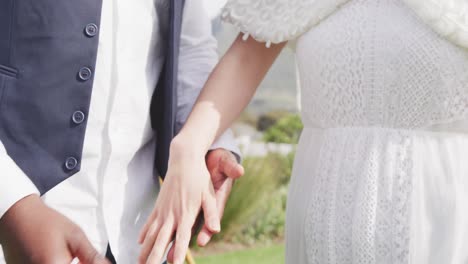 Video-of-midsection-of-diverse-bride-and-groom-holding-hands-and-walking-at-outdoor-wedding