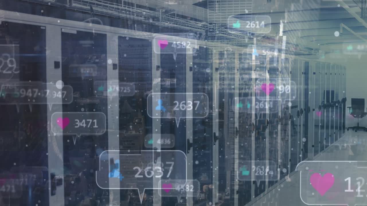 Animation of social media icons over computer servers