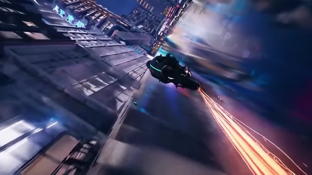 Motocicletta futuristica che vola attraverso una città cyberpunk al neon di notte