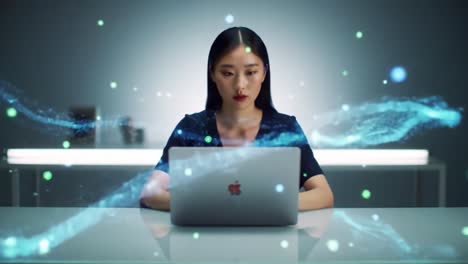 a young woman engaged in creative thought, surrounded by dynamic visual effects while working on her laptop in a modern, ethereal environment