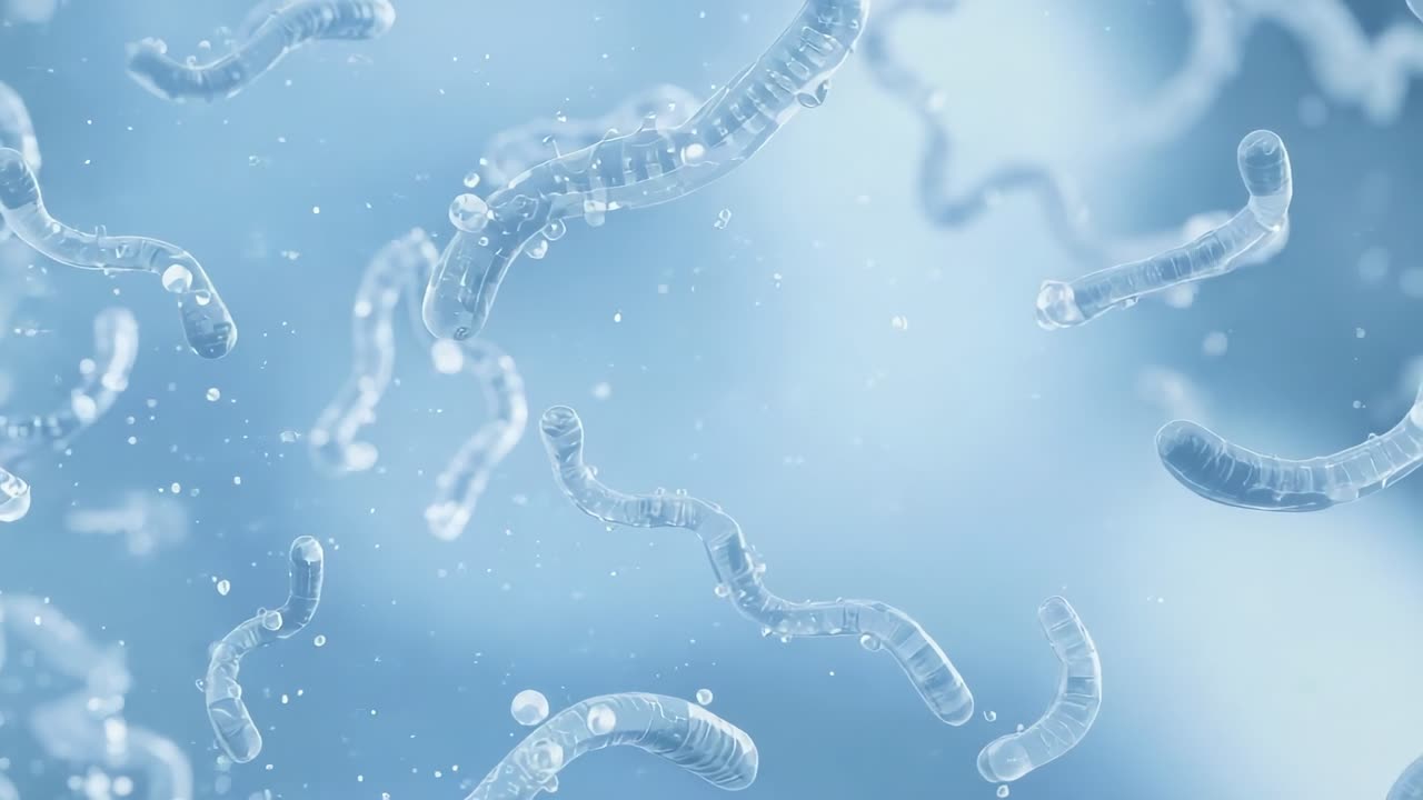 Riding gentle currents, curved microstructures twisting through pale blue fluid, revealing droplets