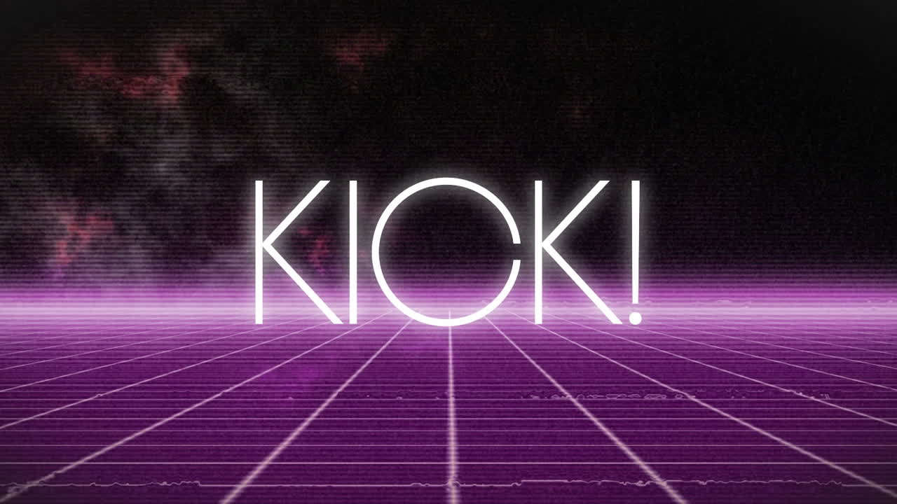 Animation of glitch technique and kick text over grid pattern against black background