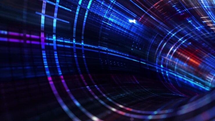 Luci al neon astratte, tunnel futuristico Sci-Fi Hi-Tech di realtà virtuale. Grafica in movimento futuristica. Bagliore di luce al neon ultravioletta. Rendering 3D 4K, loop continuo.