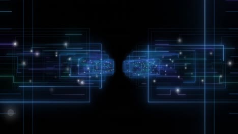 Animation of glowing light trails and data processing on black background