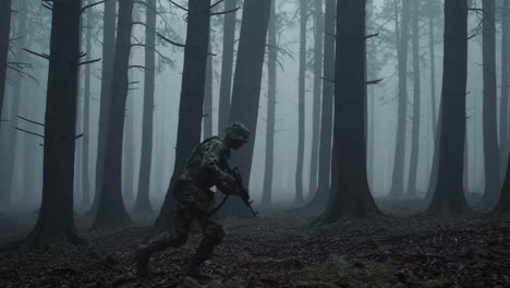 soldier in a foggy forest