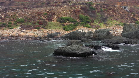 Cormoranes-En-Una-Roca-Costa-De-Sudáfrica-Carretera-Ruta-Jardín-Toma-Aérea