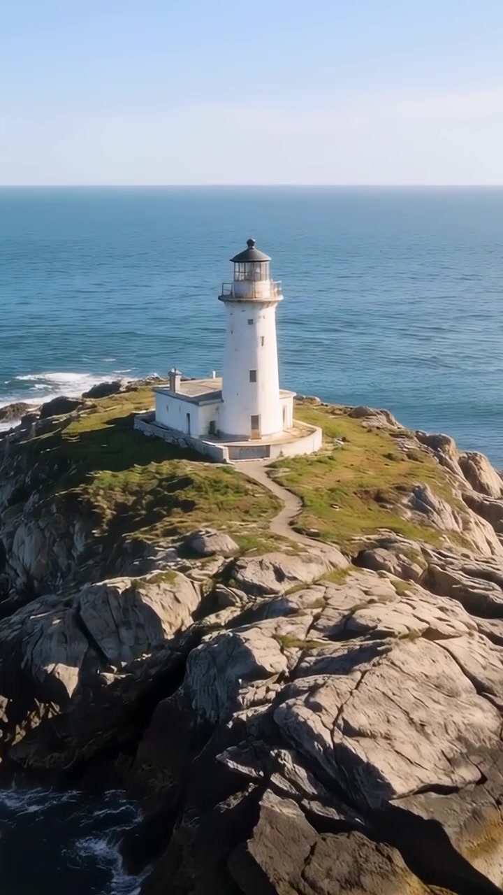Video verticale: Telecamera drone che si alza, rivelando un faro bianco su un isolotto roccioso, mostrando un sentiero costiero