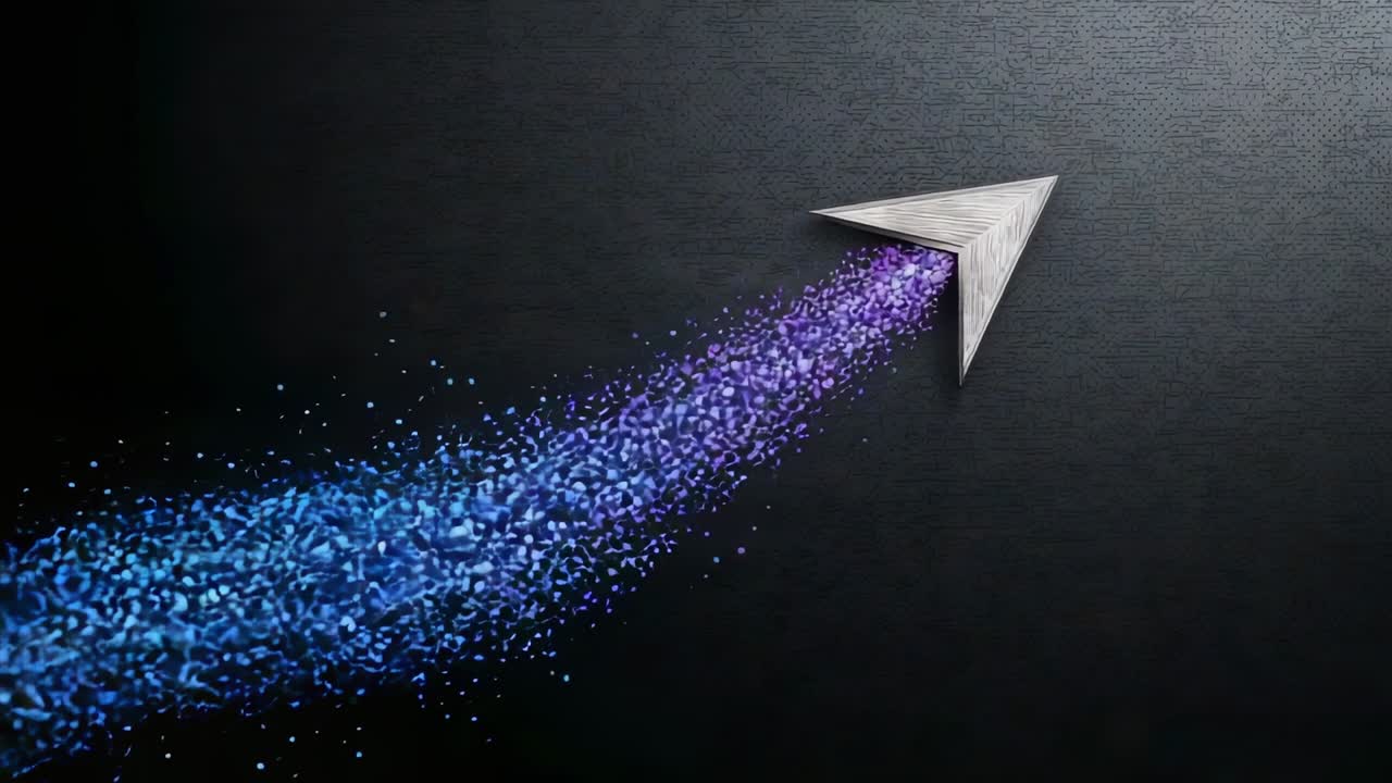 Avião de papel metálico surgindo, deixando um rastro de partículas azul-púrpura sobre um fundo escuro, com espaço para texto.